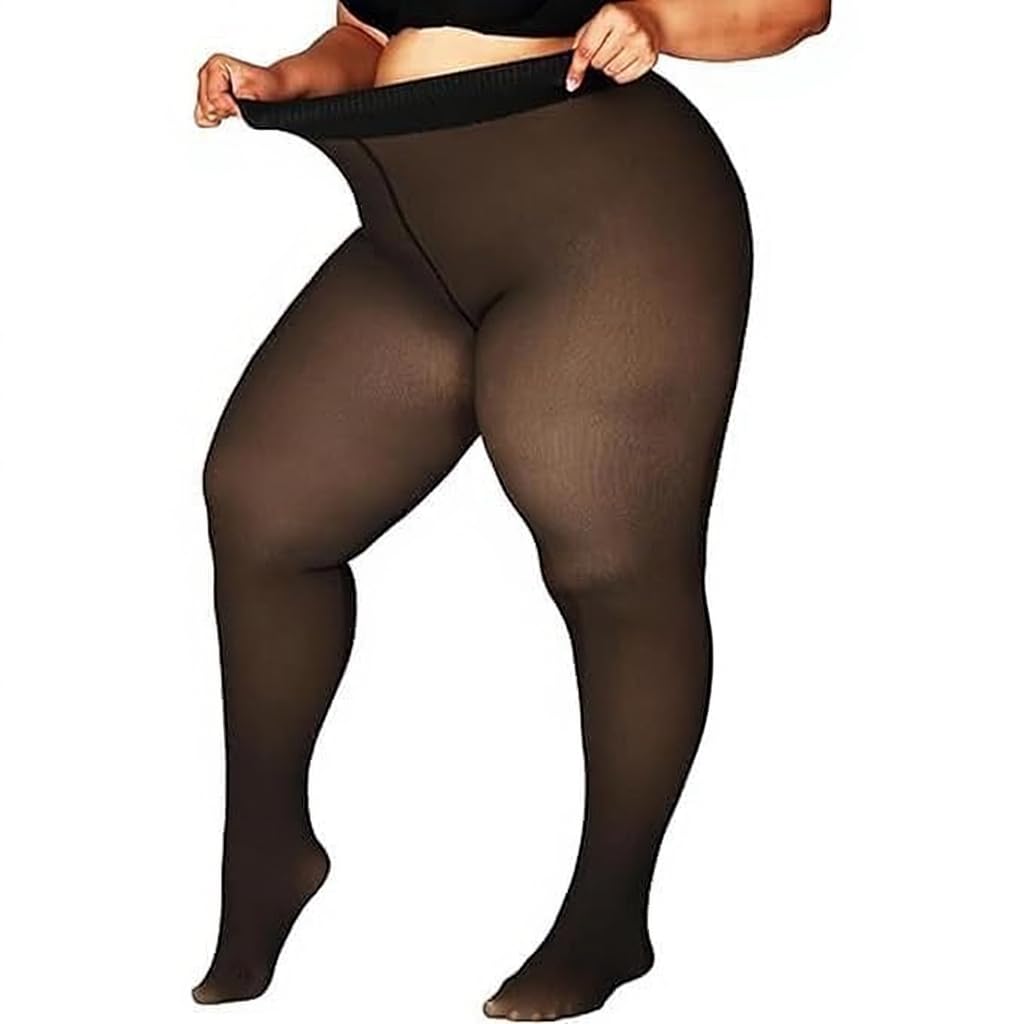 Women Plus Size Fit Mid Rise Winter Fur Fleece Warm Thermal Dual Tone Stockings Leggings Tights Pants - Fit Size L to 4XL Black