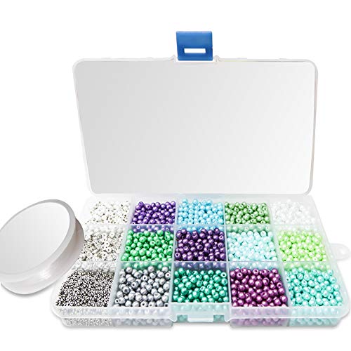 TOAOB 3800pcs Glass Beads Kit 4mm Multicolor Pearl Beads and Metal Spacer Beads with 1 Roll Crystal Elastic String for Crafts Bracelet Necklace Jewelry Making