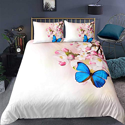 Loussiesd Butterfly Bedding Set,Peach Blossom Natural Scenery Picture Decorative 2 Pieces:1 Duvet cover Set Single & 1 Pillow case,With Zipper Ties,Girly Pink Blue