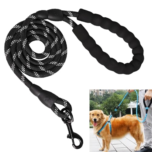 HAPPY SUGAR 犬用 リード 反射素材 高耐久性 スポンジグリップ 散歩 訓練 小型犬 中型犬 大型犬 1.5m (ブラック)