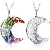 2 Pcs Crystal Necklaces Life Tree Crescent Moon Necklace Quartz Moon Jewelry Gemstone Pendant for Women (Rainbow, White Opal)