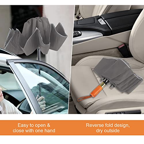 Rainboss Automatic Travel Umbrella With 10 Ribs, Large Windproof Umbrellas For Rain & Sun, Compact Folding Inverted Umbrella With Reflective Stripe, Wooden Handle (Gray) #TOP4