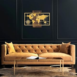 Elegant Decorative Wooden Wall Accessory, Walnut & Gold, 58 x 85 cm | 50% Wood (3 cm) & 50% Metal (1.5 mm) | Wall-Mountable, Unique Design