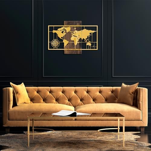 Elegant Decorative Wooden Wall Accessory, Walnut & Gold, 58 x 85 cm | 50% Wood (3 cm) & 50% Metal (1.5 mm) | Wall-Mountable, Unique Design