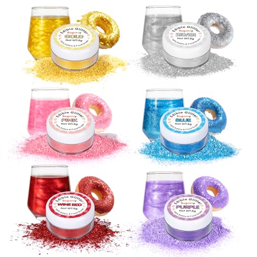 6 Colors Edible Glitter Set (5g/Bottle) Food Grade Shimmer Dust for Drinks and Baking Perfect for Easter Birthday Holidays Party Cocktails Wine Cakes Cupcakes Decorating