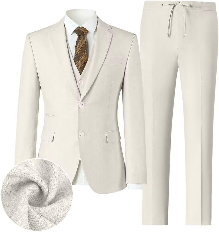Retro Linen Boys Suit Slim Fit 5 Piece Sets Kids Wedding Outfit Linen Suits Casual Drawstring Tuxedo Set for Boy