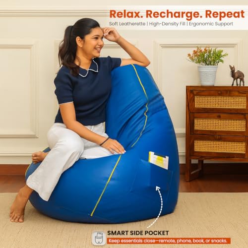 Image of Sattva Classic 2XL Sofa Style Bean Bag Chair with Beans Filled | Faux Leather Bin Bags for Adults | Beanbags Chair with Filled Beans | Filled Bean Bag for Home & Office (Royal Blue with Yellow Piping)