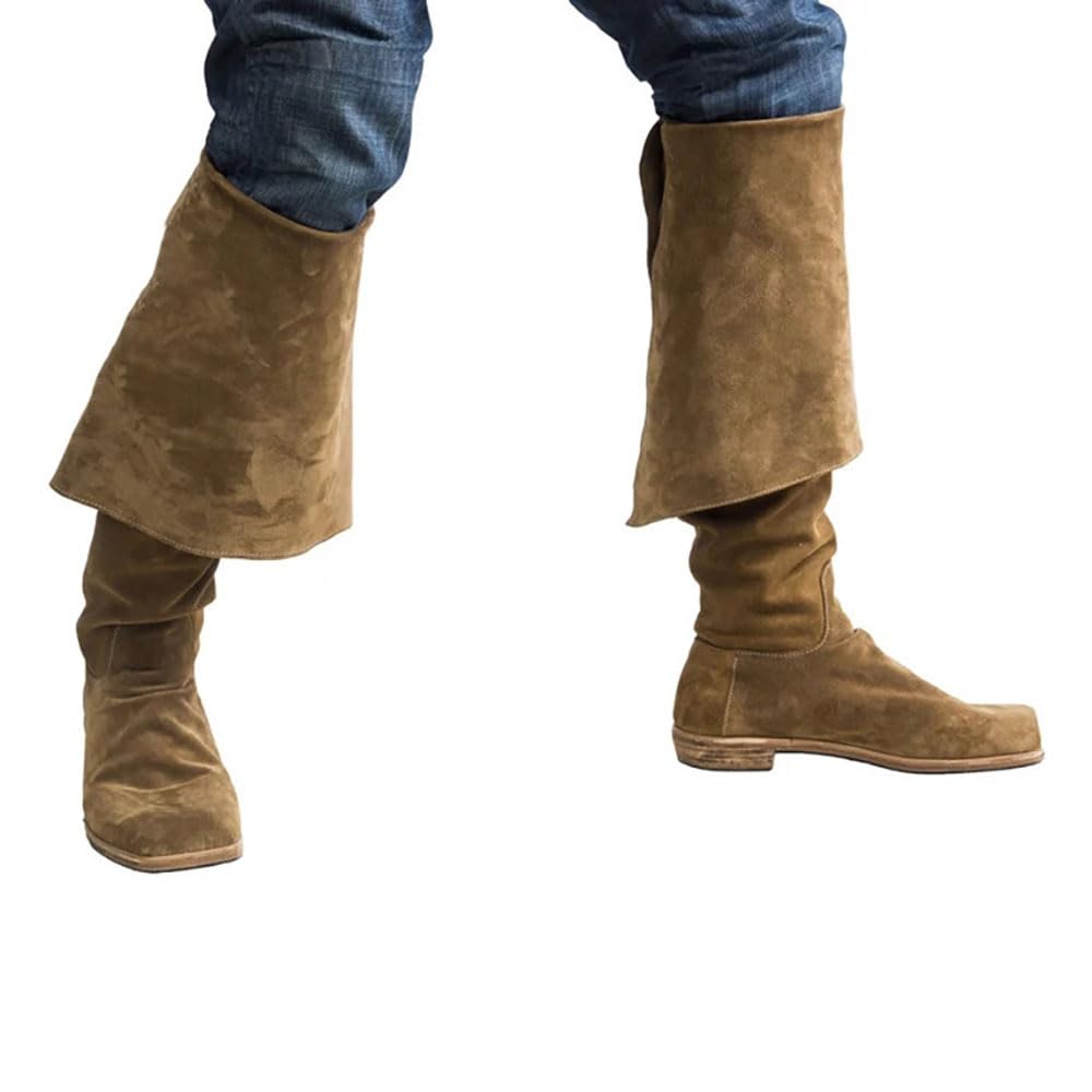 Zapatos Medievales Vikingo Retro Rodilla Altura Terciopelo Caballero Botas Cosplay Pirata Capitán Medio Bota Zapatos para LARP Adulto (Brown,46)