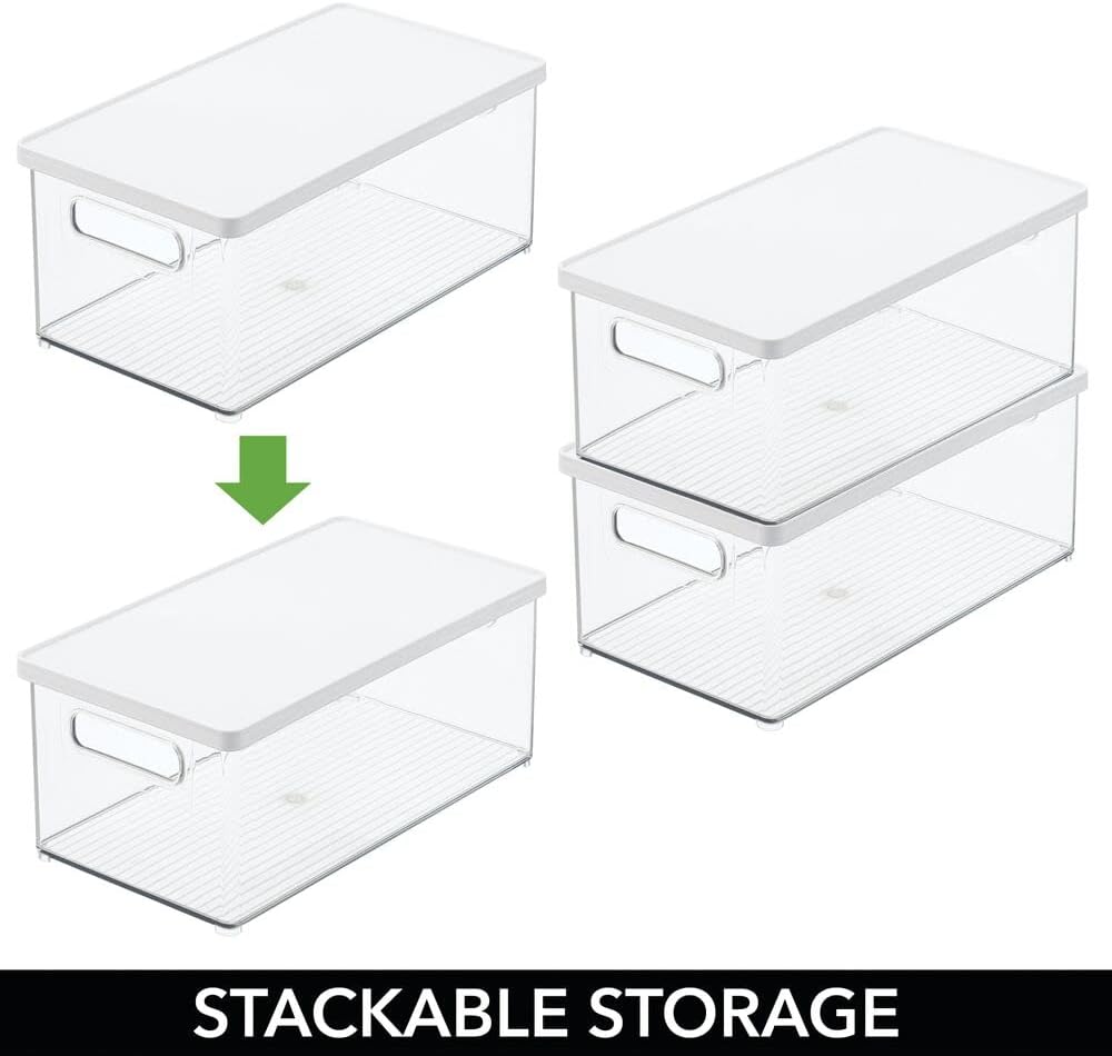 Black Friday - 70% OFF mDesign Plastic Stackable Kitchen Pantry Cabinet, Food Storage Bin Box with Handles, Lid - Organizer for Packets, Jars, Snacks, Pasta - 4 Pack - Clear/White