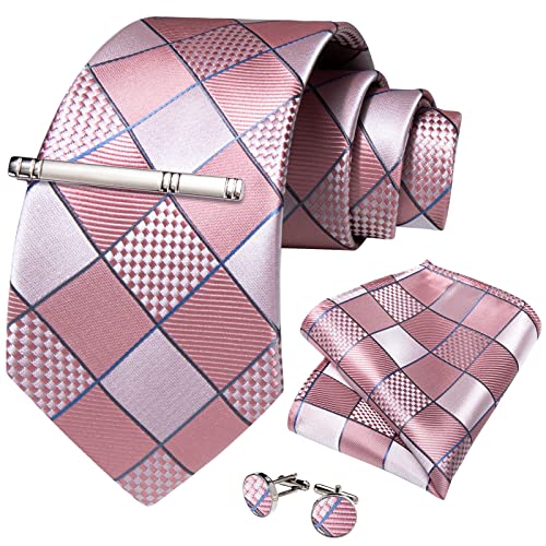 Image of DiBanGu Plaid Ties for Men Silk Checkered Necktie and Pocket Square Cufflinks Tie Clip Set with Gift Box for Wedding Business