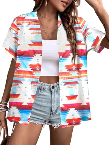 Western Button Down Shirt Women: Boho Aztec Cow Print Tops Hawaii...