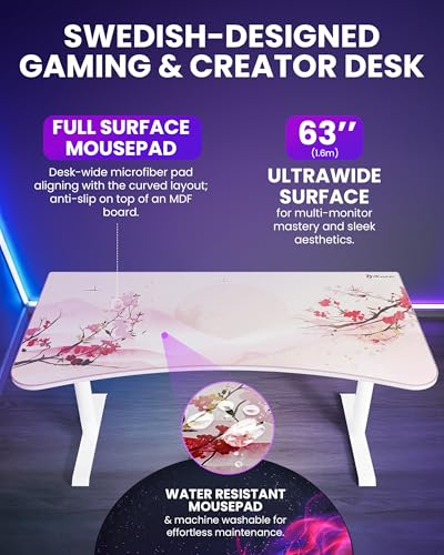 Image of Arozzi Arena Special Edition Ultrawide Curved Gaming and Office Desk with Full Surface Water Resistant Desk Mat Custom Monitor Mount Cable Management Cut Outs - Sakura