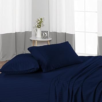 Cotton Sheets Set 4 Piece, 100% Egyptian Cotton 600 Thread Count, Fitted Sheets fitt Upto 6 Inch Deep Pocket, Crisp Cool and Strong Bed Linen Set- Navy Blue Stripe Full XL Size