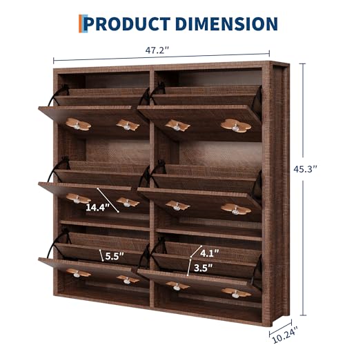 Image of GarveeHome Shoe Storage Cabinet with 6 Flip Drawers, Narrow Wood Shoe Organizer Cabinet with Floral Pattern, Freestanding Slim Shoe Rack Cabinet with Adjustable Shelves, for Entryway, Hallway, Brown