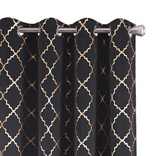 Anjee Black Blackout Curtains 95 Inches Long 2 Panels Set For Bedroom Thermal Insulated Living Room Darkening Black Out Window Drapes With Gold Moroccan Foil Pattern Print Eyelet Curtain,52 X 95 Inch #TOP12