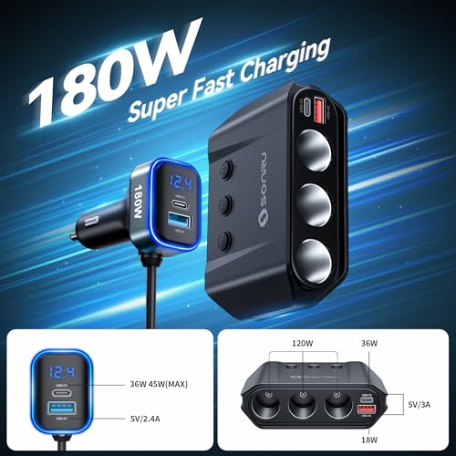 7 in 1 Cigarette Lighter Splitter,SONRU 180W (Max 192W) Cigarette Lighter Adapter with Dual PD 36W/QC3.0 Charge,24V/12V Car Charger Adapter(3.7FT Cable),Independent Switches & LED Voltage Display — view 3