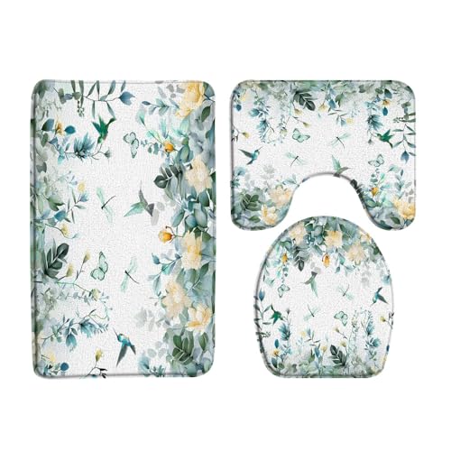 UOZXOML Sage Eucalyptus Leaves Bathroom Rug Set of 3,Watercolor Floral Flower Hummingbird Butterfly Dragonfly Modern 3 Pieces Bath Mats Set for Bathroom, Non-Slip Washable Cover Floor Rug Decor