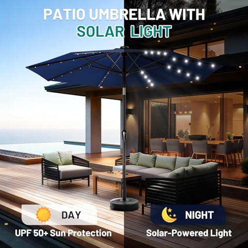 Image of AreShark 9FT Patio Umbrella with Solar Lights, 32 Lighted Pool Umbrella w /Tilt and Crank, Outdoor Market Solar Umbrellas for Garden, Deck, Backyard, Pool and Beach, Navy