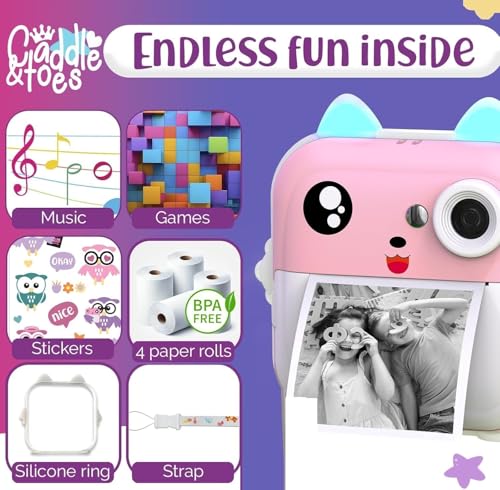Image of CADDLE & TOES Instant Print Camera for Kids - 1080P HD, 48MP, Bluetooth, Free App, 3 Rolls Print Paper, Stickers, Fun Filters, Gift for Kids (Pink)