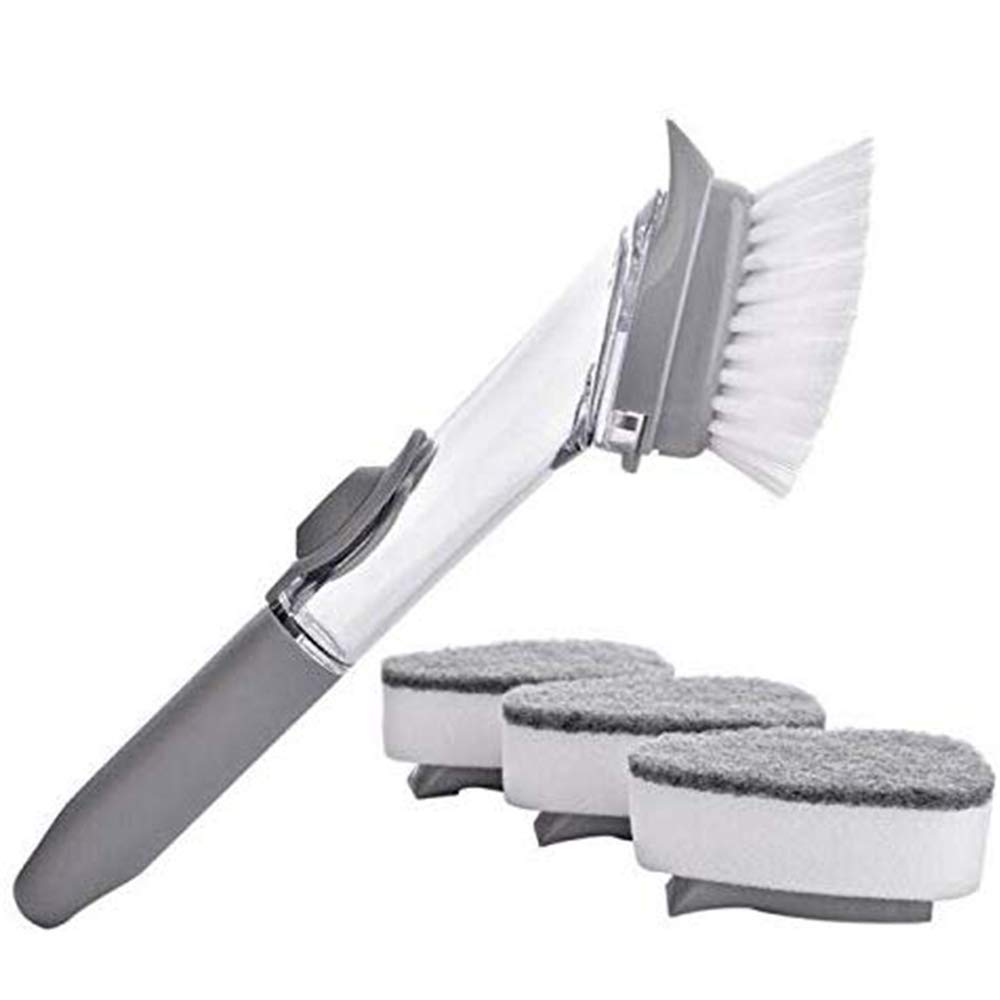 SAPPSEN Soap Dispensing Dish Brush, Kitchen Brush for Pot Pan Sink Cleaning Scrubber Grips with Refill Replacement Head (3 Sponge + 1 Bristles)