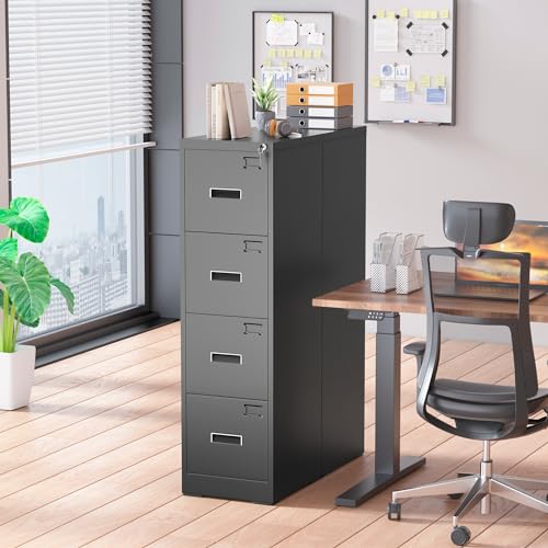 Pataku 4 Drawer File Cabinet, 18” D Vertical File Cabinet with Lock, Black Metal File Cabinet for Home Office, Locking Filing Cabinet for Hanging Letter/Legal Folders, Easy Assemble