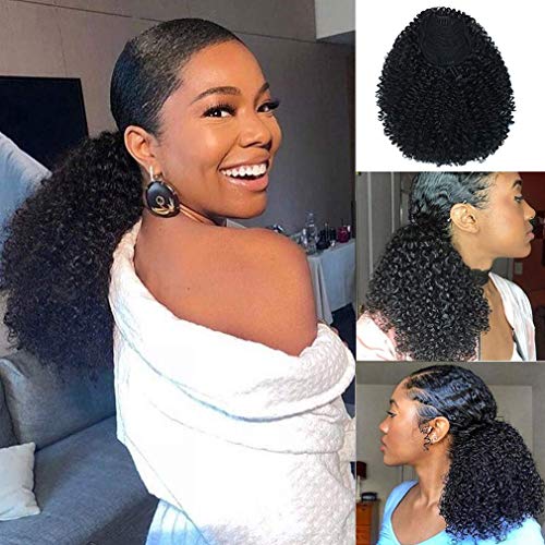 Curly Synthetic Ponytail for Black Women, 2 Clips with Elastic Drawstrings Afro Kinky Curly Ponytail Hairpieces Natural Color (12 inch, Large)…
