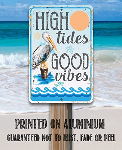 Beach Decor - High Tides Good Vibes - Beach Sign Metal Sign - Wall Art Beach Signs For Indoor/Outdoor - Beach Decor For Bedroom, Pool Decorations Outdoor, Beach Signs For Home Decor #TOP3