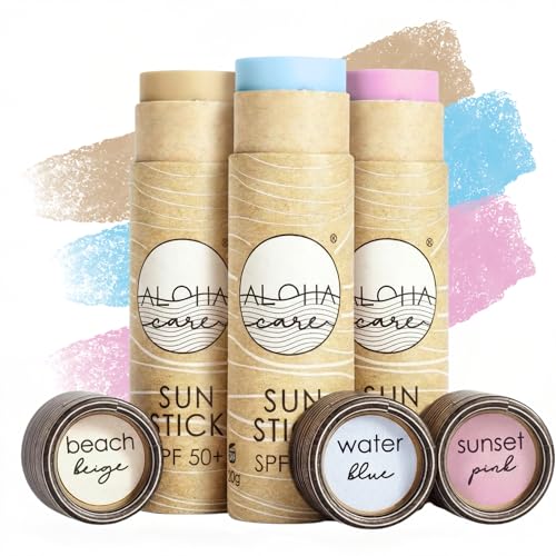 Aloha Sun Stick SPF 50+ | Protector solar mineral teñido para el surf | Tubo de papel ecológico | 3 x 20g (3-pack) - Azul + Rosa + Beige