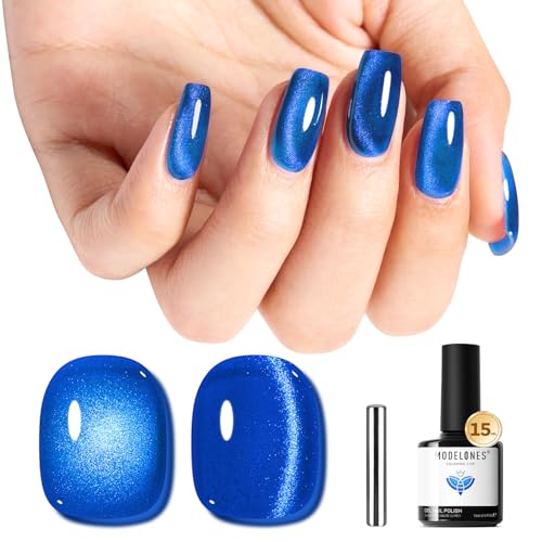 Image of modelones Cat Eye Gel Nail Polish, Glitter Blue Magnetic Nail Polish with Magnet Soak Off U V Winter Gel Polish Shimmer Nail Art Top Coat Manicure Salon DIY