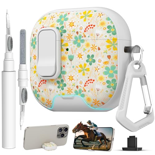 Image of for AirPods 4 Case with Safty Lock & Phone Stand,Cute Floral Pattern Style | PC & TPU Dual Layer Protective Cover with Keychain & Cleaner Pen for Apple AirPod 4th Generation 2024 Women(Four-Leaf Clover)