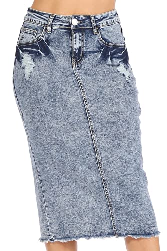 Fashion2Love Women's Juniors/Plus Size Middle - Length Stretch Denim Distressed Pencil Skirt (79036)