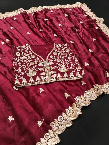 Image of Yashika Women's Organza Satin Butti Work With Zari Lace Border Embroidered Saree| Women Sari
