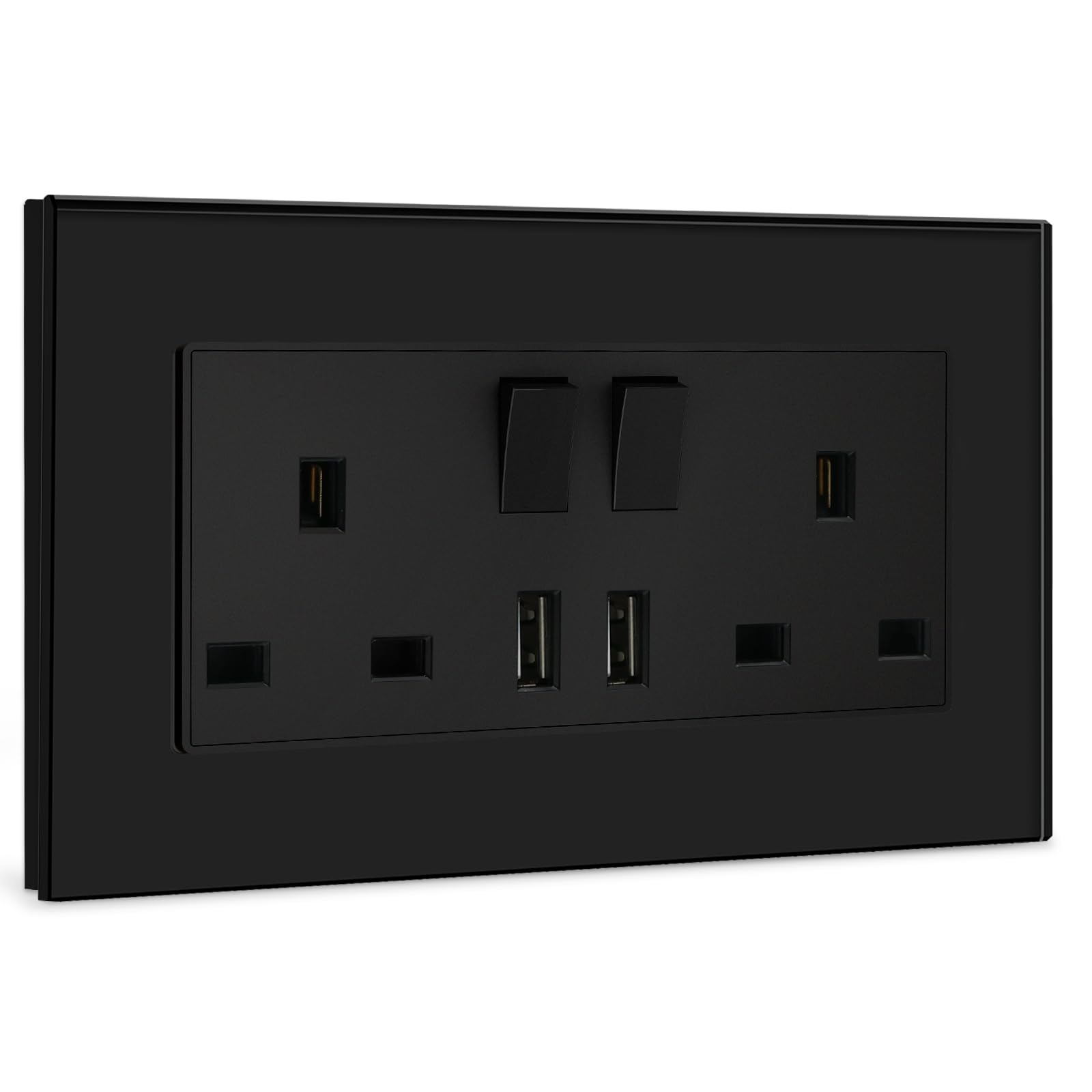 BSEED Double Switched Sockets with Two USB Charging Ports, UK Standard Electric Power Sockets with Glass Panel, 2 Gang 13A Wall Socket, Black