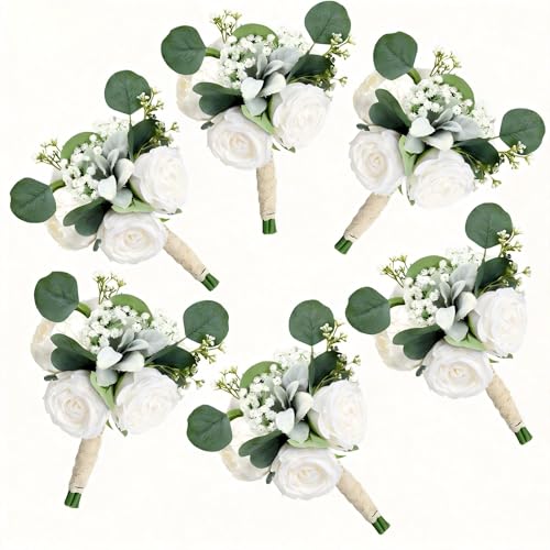 DIYDOFUN Set of 6 Ivory White Peonies & Rose Bridesmaid Bouquets for Wedding Marriage Proposal Bridal Shower Decorations