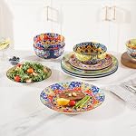 Sweejar Ceramic Dinnerware Sets for 4,12 Pieces Boho Plates and Bowls for Housewaring Gift,Bohemian Style Dish Set,Dishwasher and Microwave Safe(Colorful)