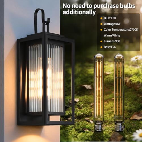Image of 2 Pack Outdoor Wall Lights for House Exterior, 18 Inch Large Black Modern Lantern with Dual Metal Frame & Textured Glass, IP65 Waterproof (Bulbs Included)