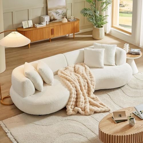 Image of Shie Wood Art Modern Curved Sectional Sofa, 4-Seater Sofa Couch, Living Room Furniture L Sofa for Living Room, Bedroom, Hallways (Off White, Boucle)