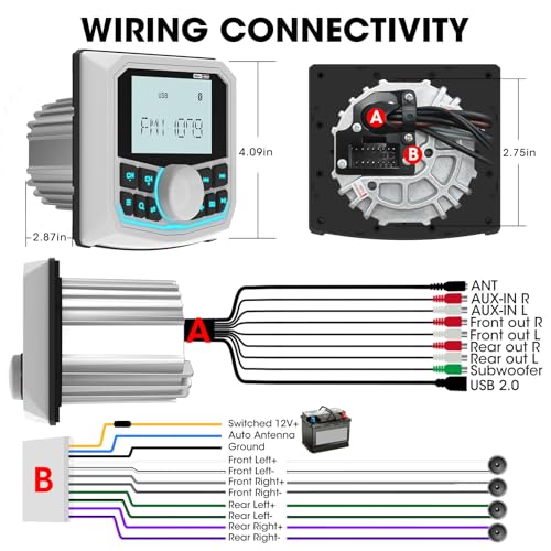 Image of Marine Boat Radio Bluetooth Receiver - Gauge Style Marine Stereo Media System - 2.8 Inch LCD Display AUX USB AM FM Pre-Amp Subwoofer for UTV ATV RZR Golf Cart Spa Hot