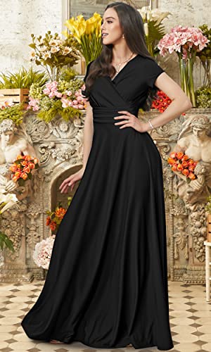 Koh Koh Plus Size Womens Long Cap Short Sleeve V-Neck Flowy Cocktail Slimming Summer Sexy Casual Formal Sun Sundress Work Cute Gown Gowns Maxi Dress Dresses, Black 2Xl 18-20 #TOP2