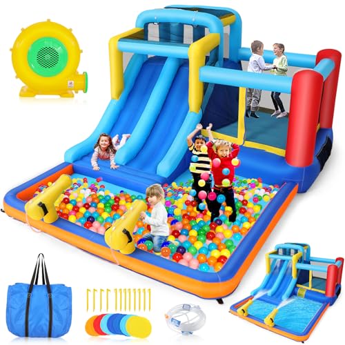Whubefy 15x9.95Ft Bounce House Double Slide for Kids, Inflatable Bouncy House Water Slide with Blower, 2 Racing Slides, Bouncy Ball Pit, Indoor & Outdoor Backyard Blow Up Jumping Bouncer for Party Fun