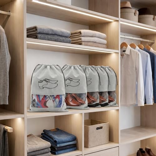 Image of Hian Grey Non-Woven Shoe Bags - Travel Shoe Organizer with Transparent Window & Drawstring Closure, Dustproof, Breathable & Reusable Storage for Men & Women, Home & Luggage, Pack of 6