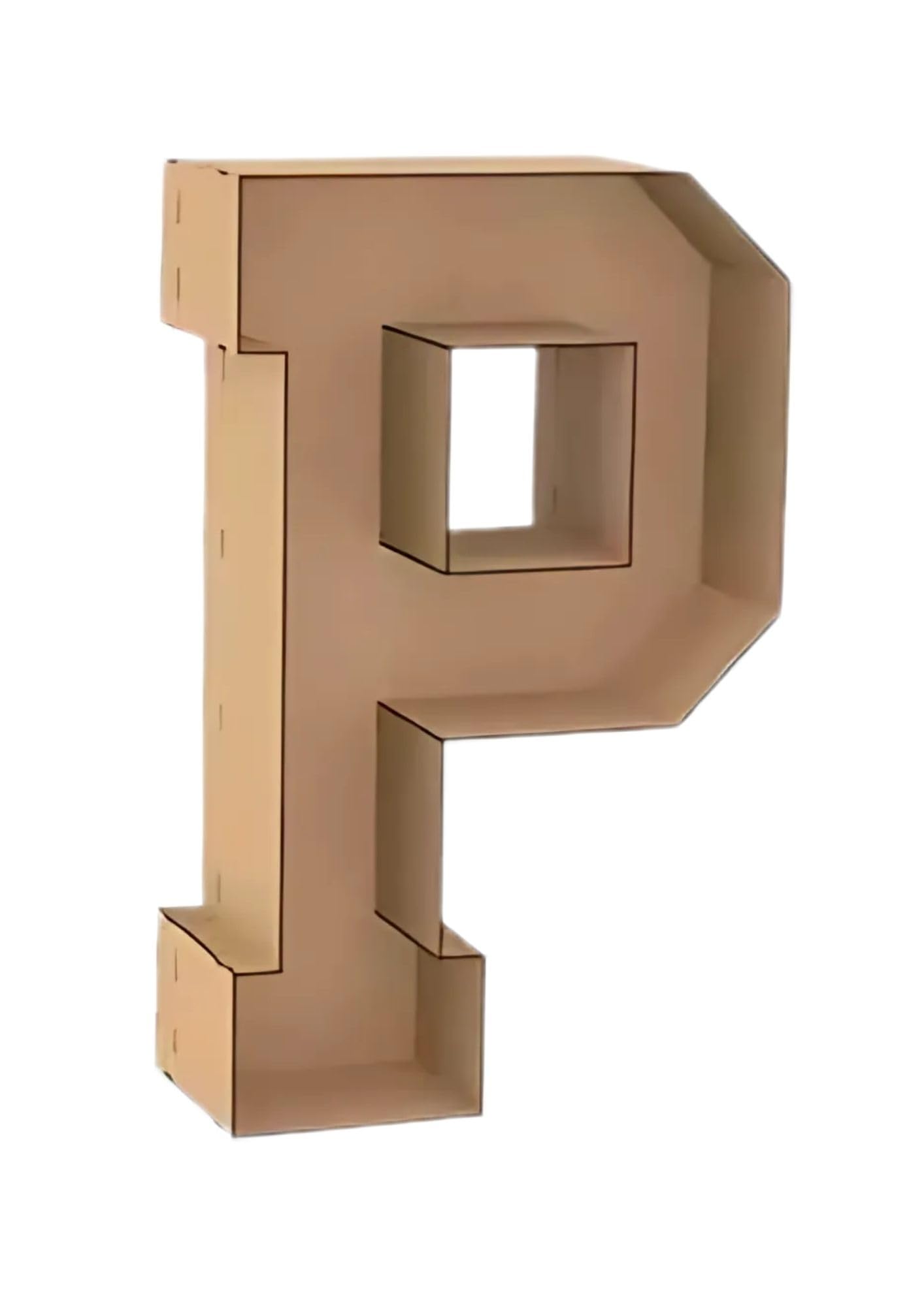 Letra P Decorativa 3D de Madera, 100 cm de Alto, Diseño Industrial, Color Natural