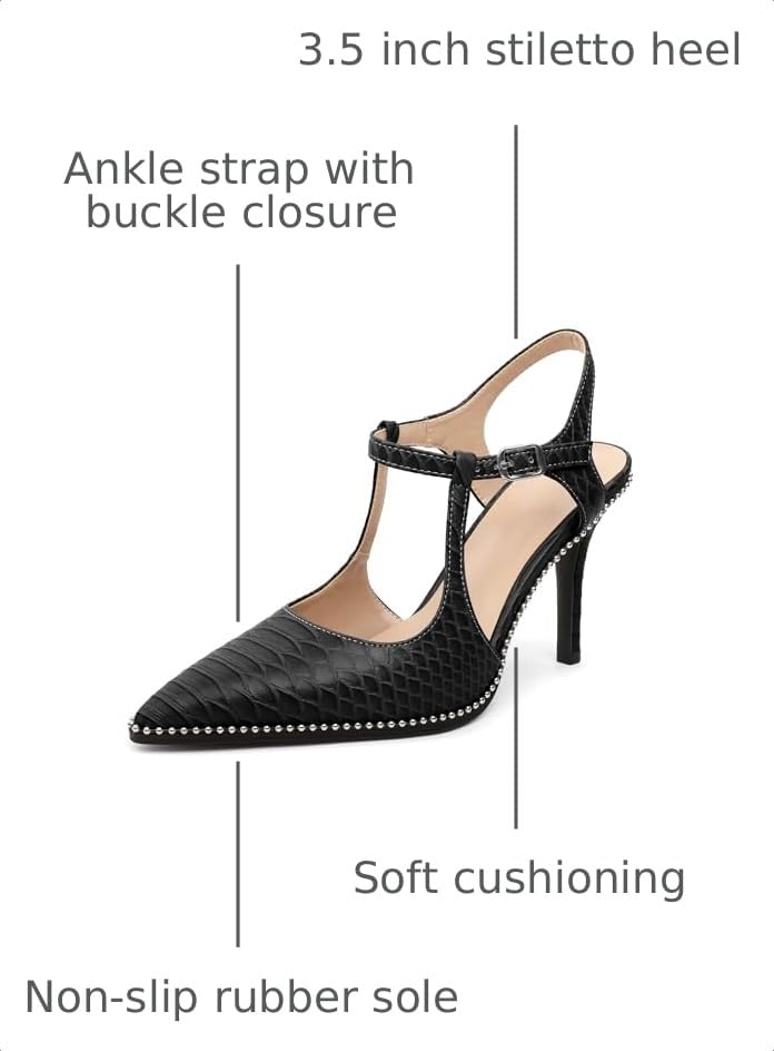 Image of SAMMITOP Womens High Heels Ankle Strap Pointed Toe Stilettos Patent Leather Beaded Pumps Dress Shoes 3.5 Inch