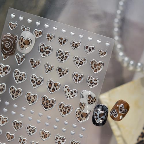 Image of Leopard Nail Stickers Decals Heart Nail Art Stickers 5D Embossed Self Adhesive Nail Decals for Nails Art Design for Women Girls Supply Manicure Decoration Accessories