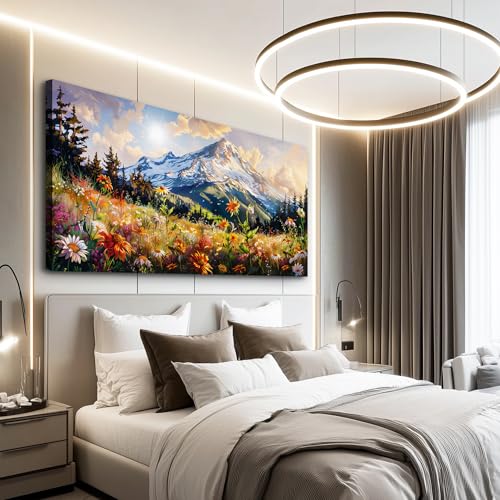 FUHAIHUA Large Framed Wall Decor For Living Room Canvas Wall Art For Office Farmhouse Wall Decorations For Bedroom Mountain Flower Landscape Paintings Modern Pictures Artwork Home Decor 24x48 In