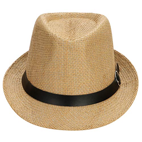 Image of SIQITECHNO Straw Fedora Sun Hat Straw Cowboy Hat for Women Men Classic Short Brim Fedora Trilby Roll Up Panama Jazz Beach Cap