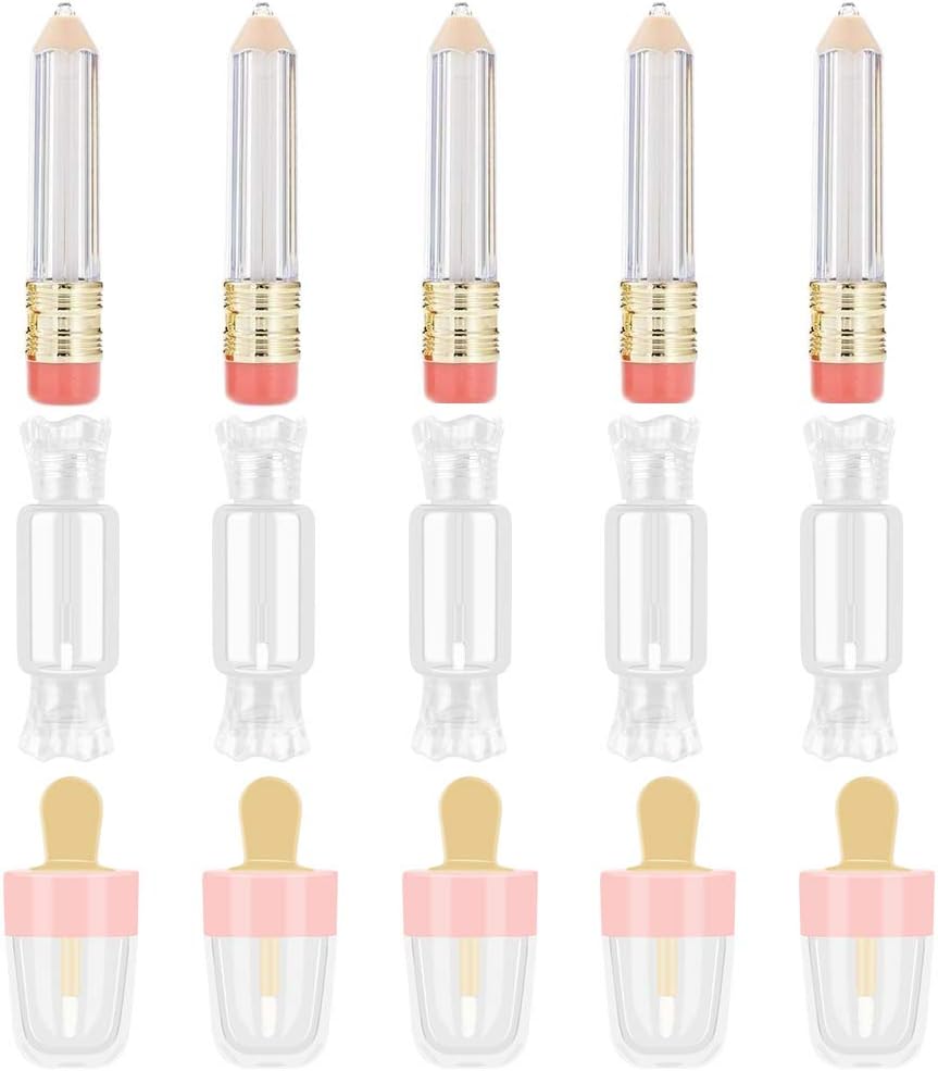 DKAF 15 Packs Novelty Empty Lip Gloss Tubes, Contain Pencil Pink Ice-cream Candy Shaped 3 Types Clear Lip Gloss Containers, Refillable DIY Lip Glaze Cosmetics Bottle