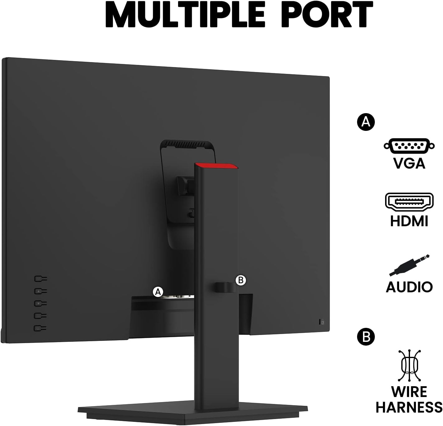 Traseira view of the monitor showing available ports: VGA, HDMI, and Audio Out, along with a wire harness for cable management.