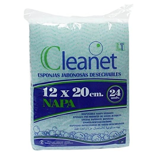 Cleanet: esponja jabonosa desechable napa 12x20 90grs. Higiene corporal con gel dermatológico pH neutro. 10 paquetes x 24 unidades (Amazon)
