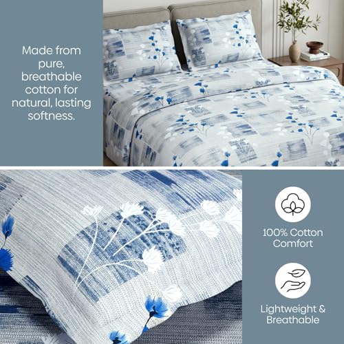 Image of Haus & Kinder King Size Bedsheet for Double Bed with 2 Pillow Covers 108 x 108 Inches | 144 TC Cotton Bedsheet for King Size Bed - Blue Flower Sketch